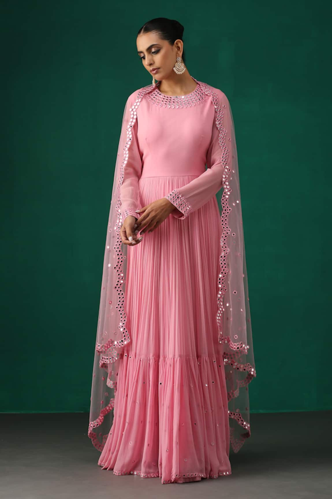 Minaki - Pink Georgette Embroidered Mirror Work Round Anarkali With Dupatta  For Women