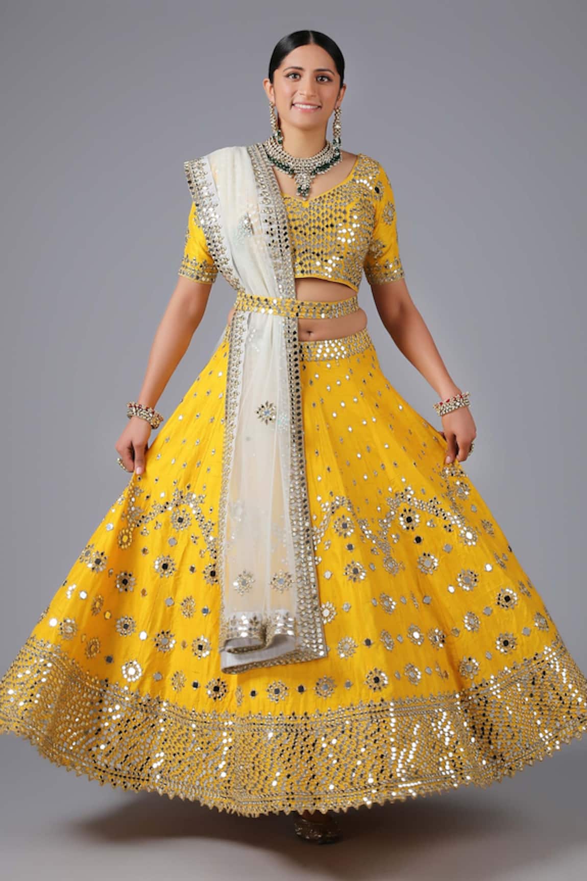 Minaki Basanti Mirror Embroidered Bridal Lehenga Set 
