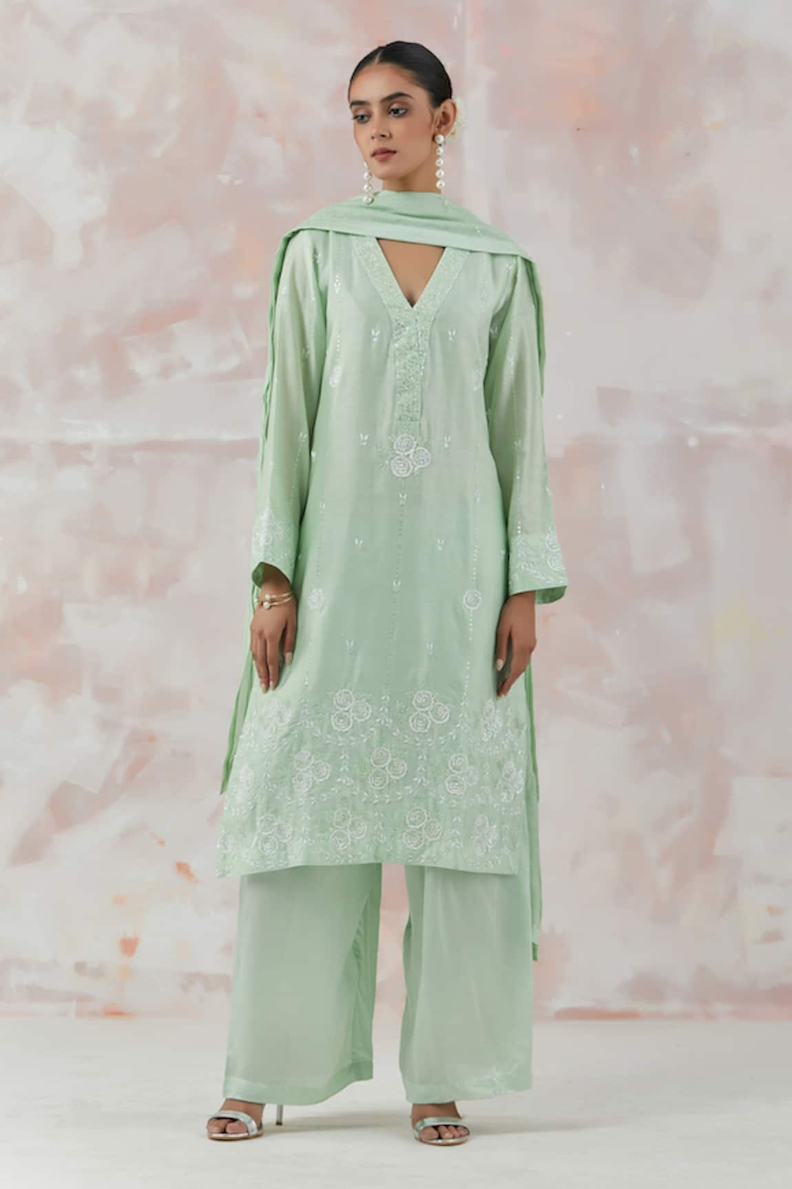 Simrita Arora Silk Chanderi Embroidered Kurta Palazzo Set