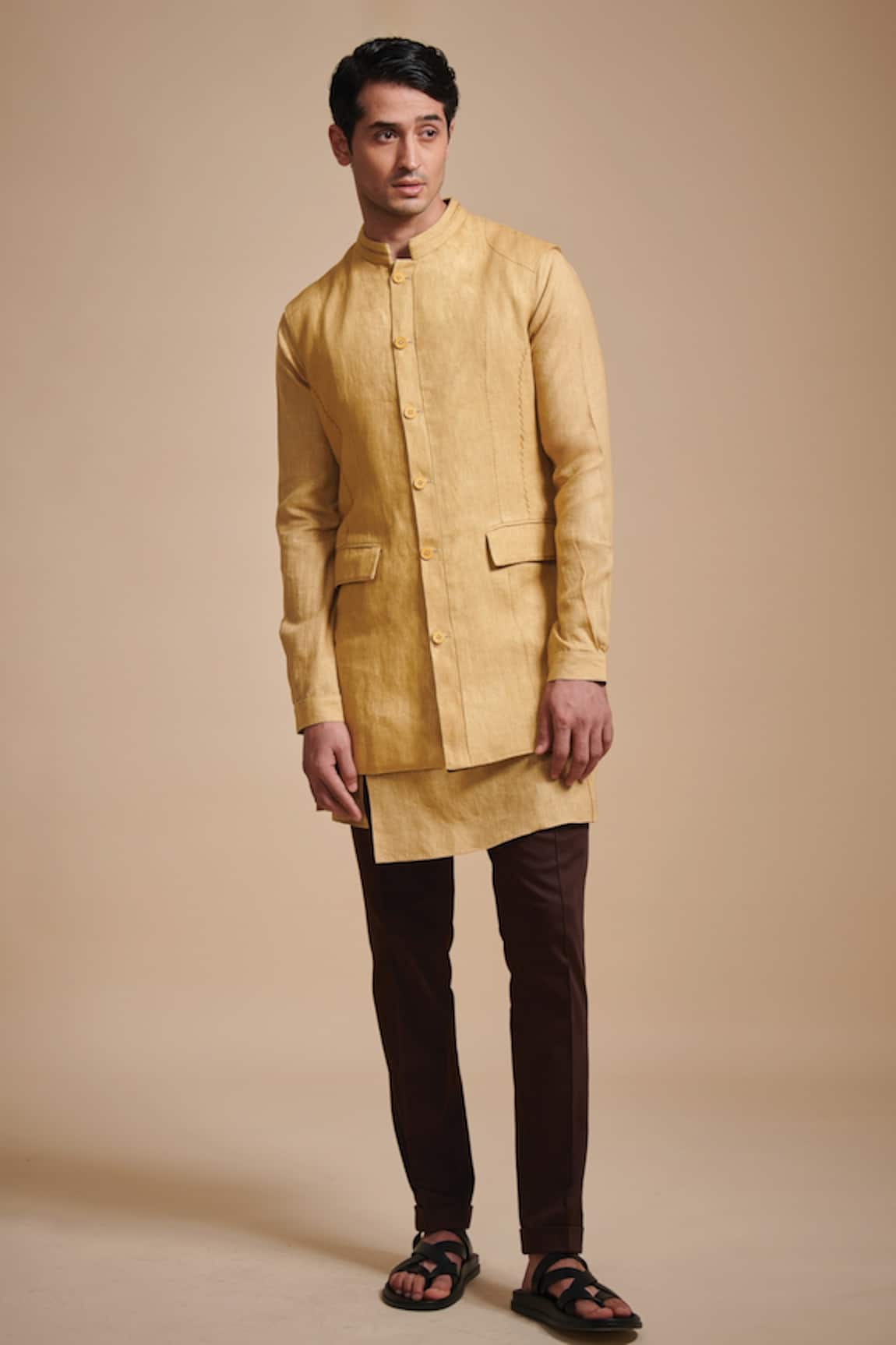 Raghavendra Rathore Blue Linen Bundi Kurta Set 