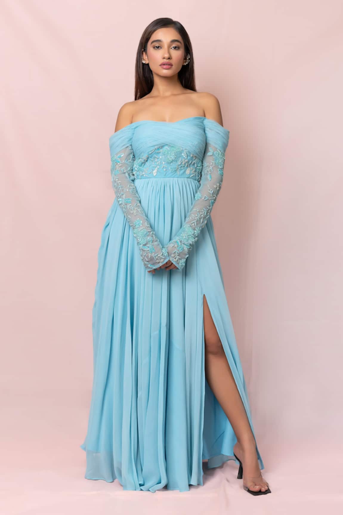 Pinup By Astha Pleated Off Shoulder Gown