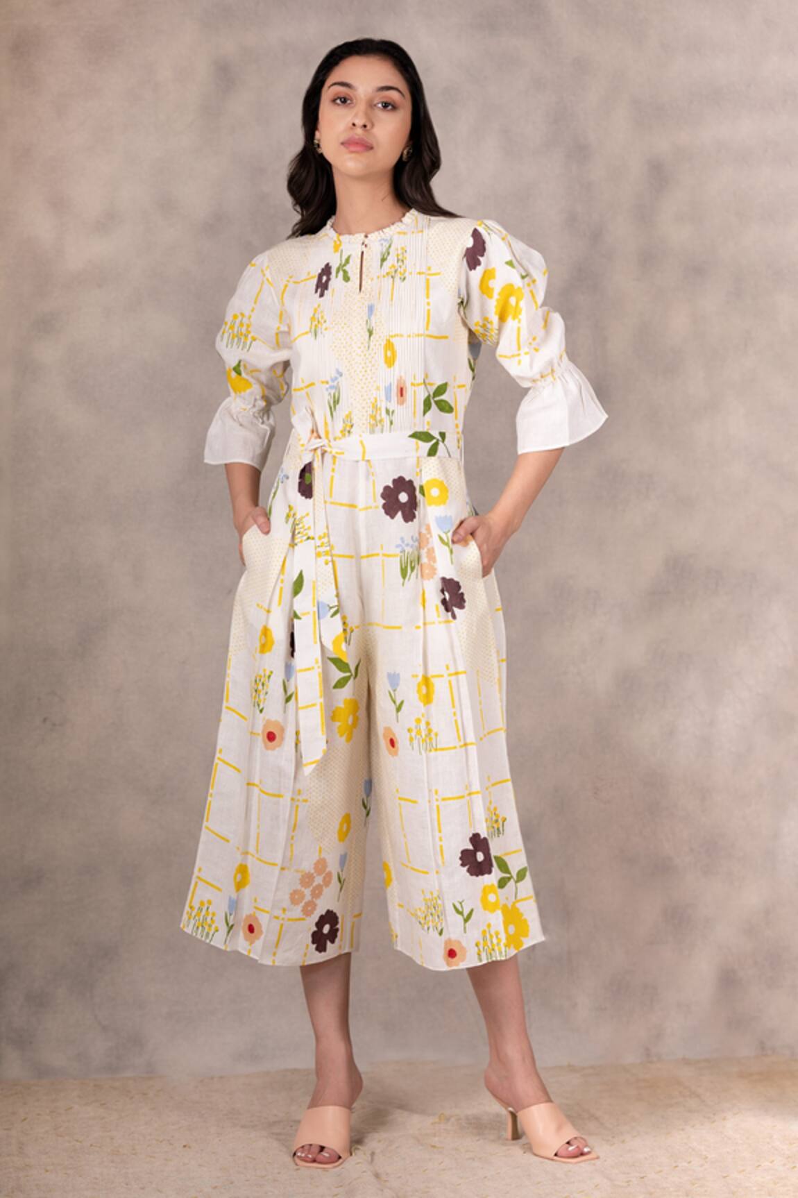 Arcvsh By Pallavi Singh Linen Floral Print Jumpsuit 