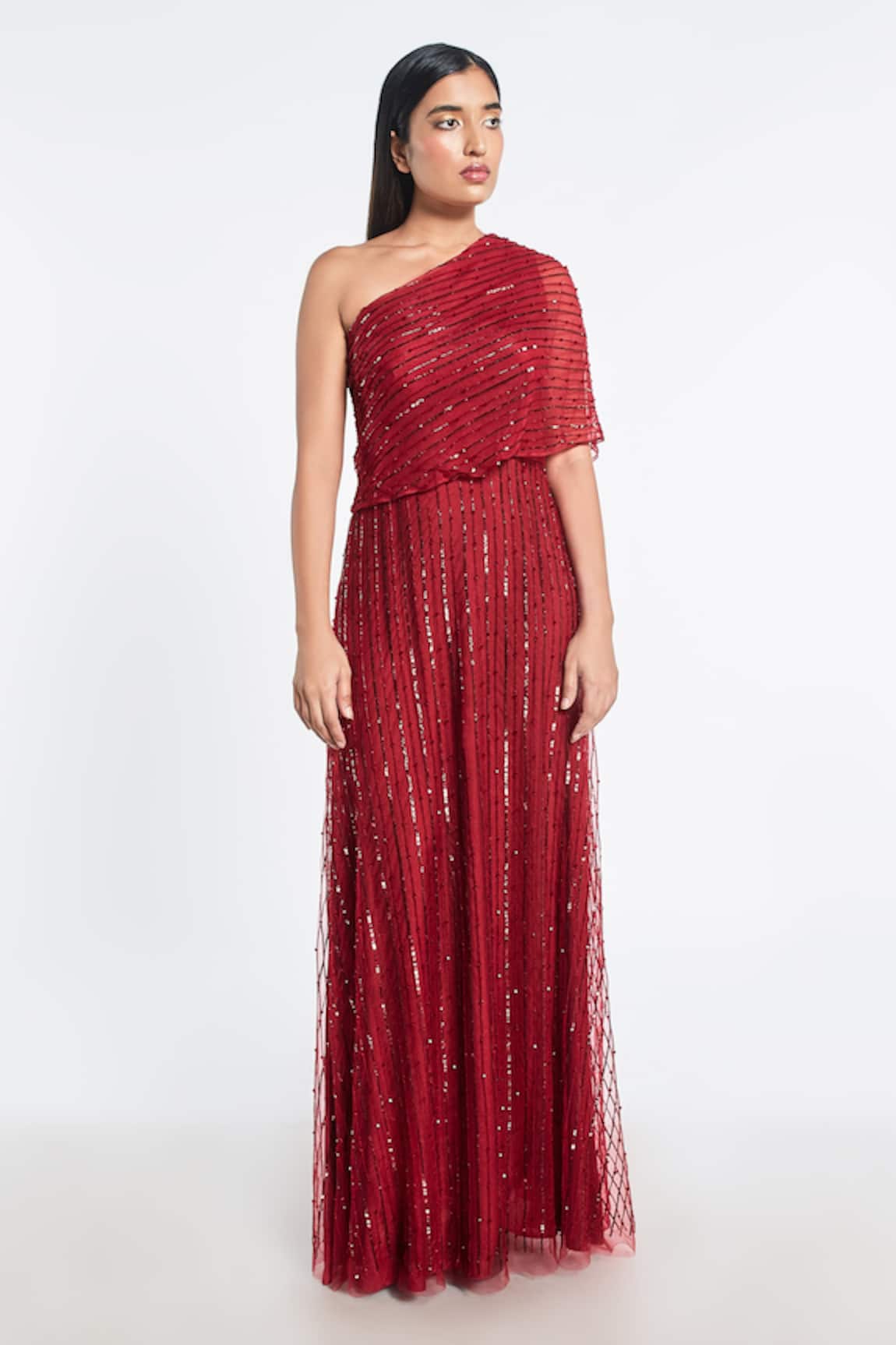 Shivani Awasty One Shoulder Embroidered Cape Gown