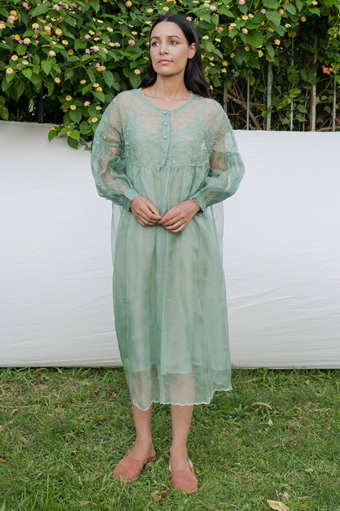 Ayaka Silk Organza Embroidered Gathered Dress 