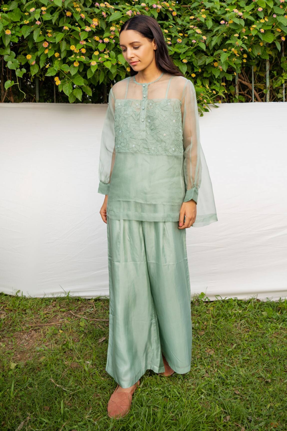 Ayaka Silk Organza Floral Embroidered Top 