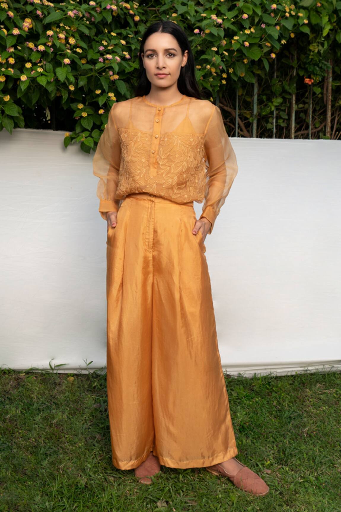 Ayaka Silk Organza Floral Embroidered Top 