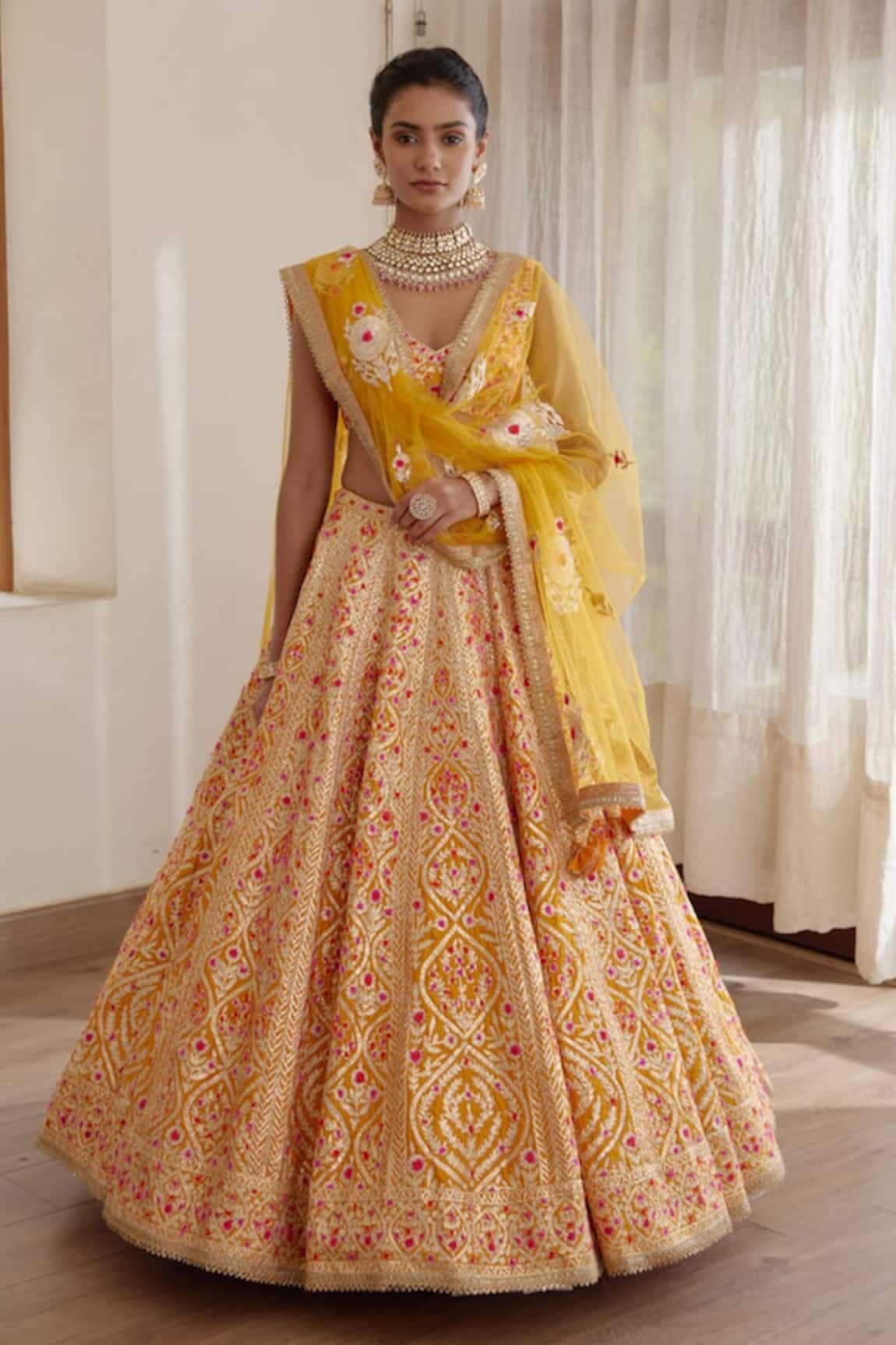 Shyam Narayan Prasad Silk Floral Embroidered Bridal Lehenga Set
