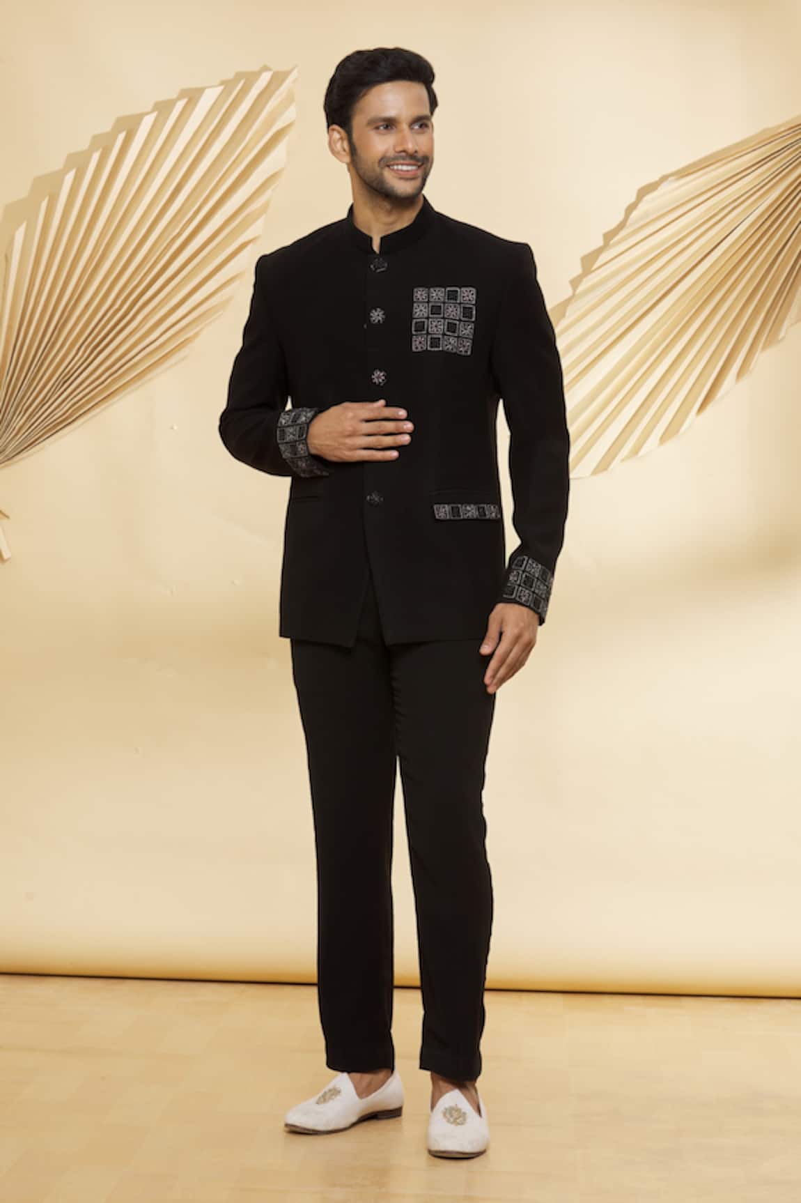 Jade Black Plain-Solid Premium Terry-Reyon Bandhgala/Jodhpuri Suits for Men.