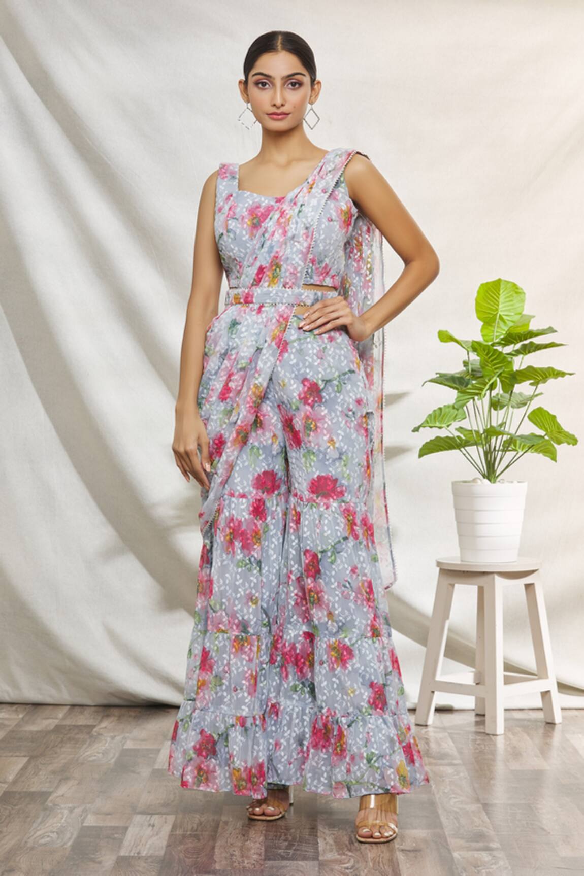 Arihant Rai Sinha Printed Sharara Saree With Blouse