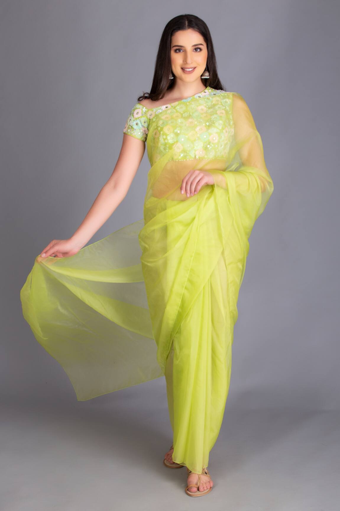 House Of Tushaom Sheer Saree With Embroidered Blouse