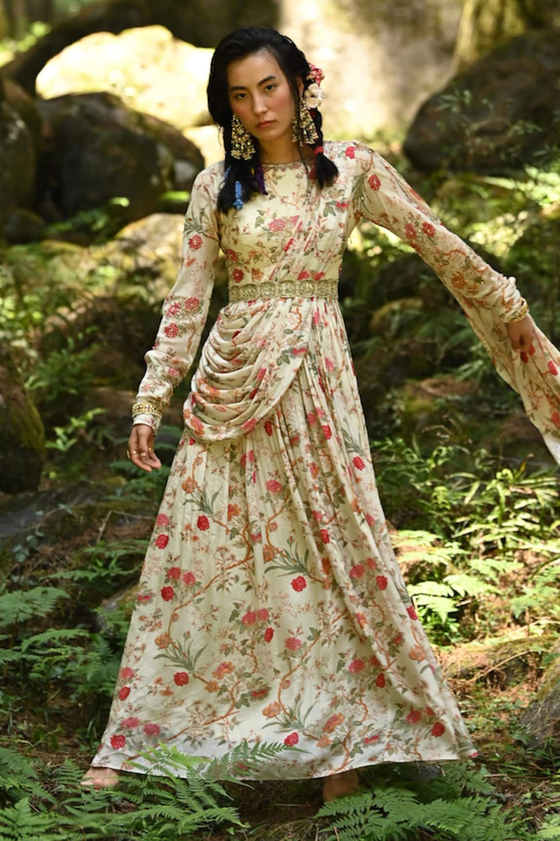 Paulmi and Harsh Floral Print Draped Anarkali With Belt