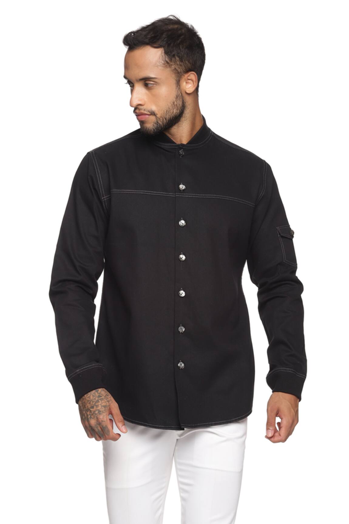 Paresh Lamba Denim Shirt With Ribbed Cuff & Collar
