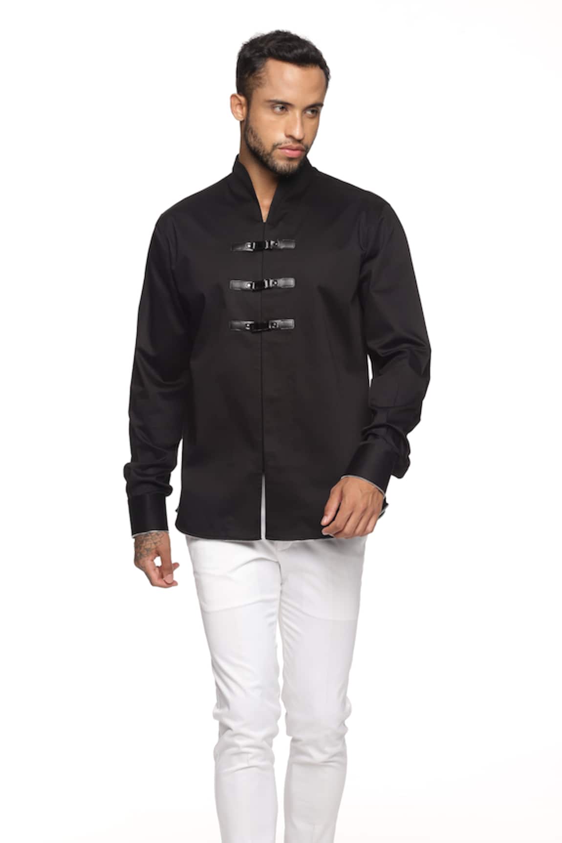 Paresh Lamba Cotton Shirt With Leather Strap Buttons