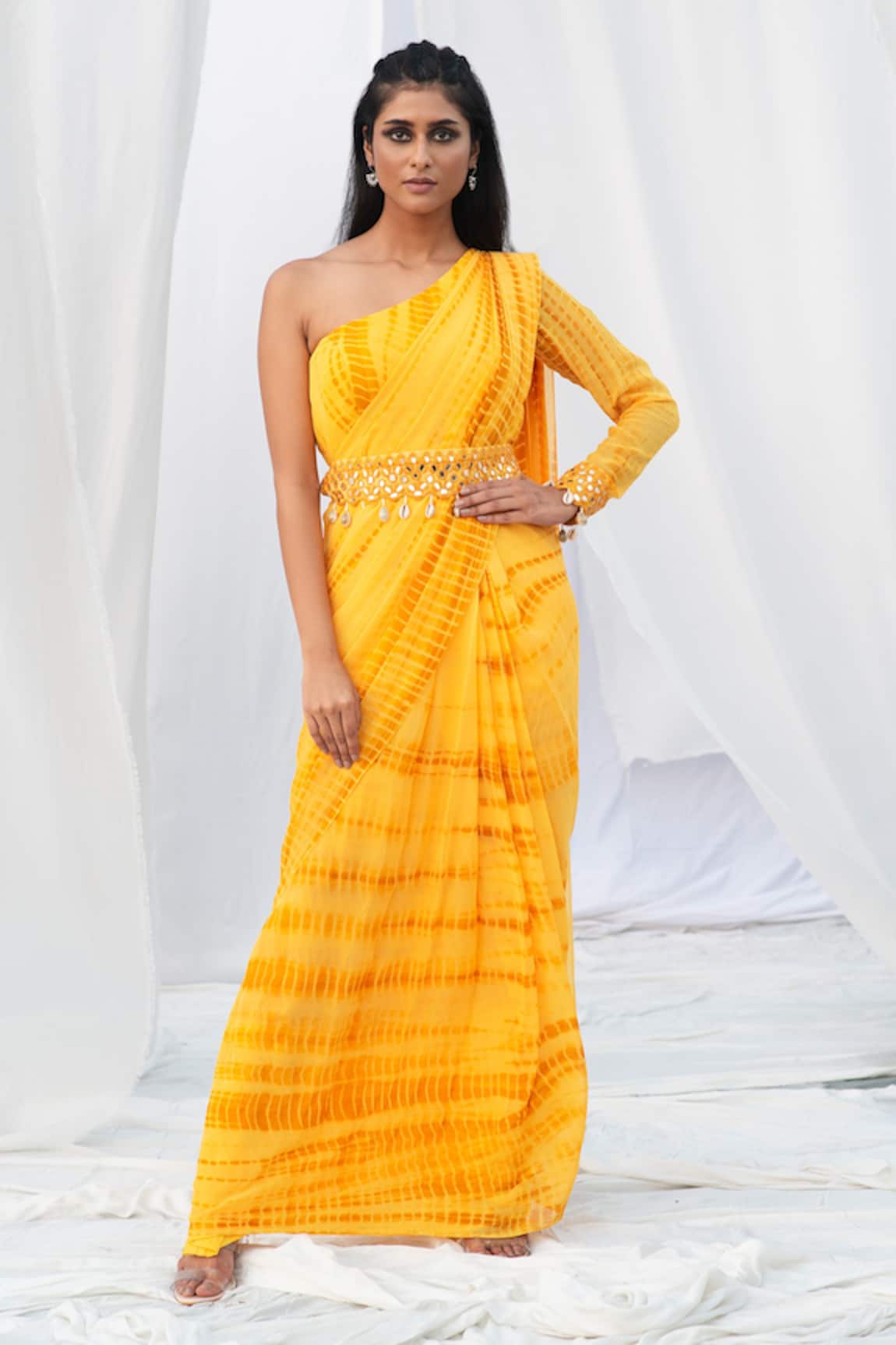 Bharat Adiani Tie Dye One Shoulder Saree Gown