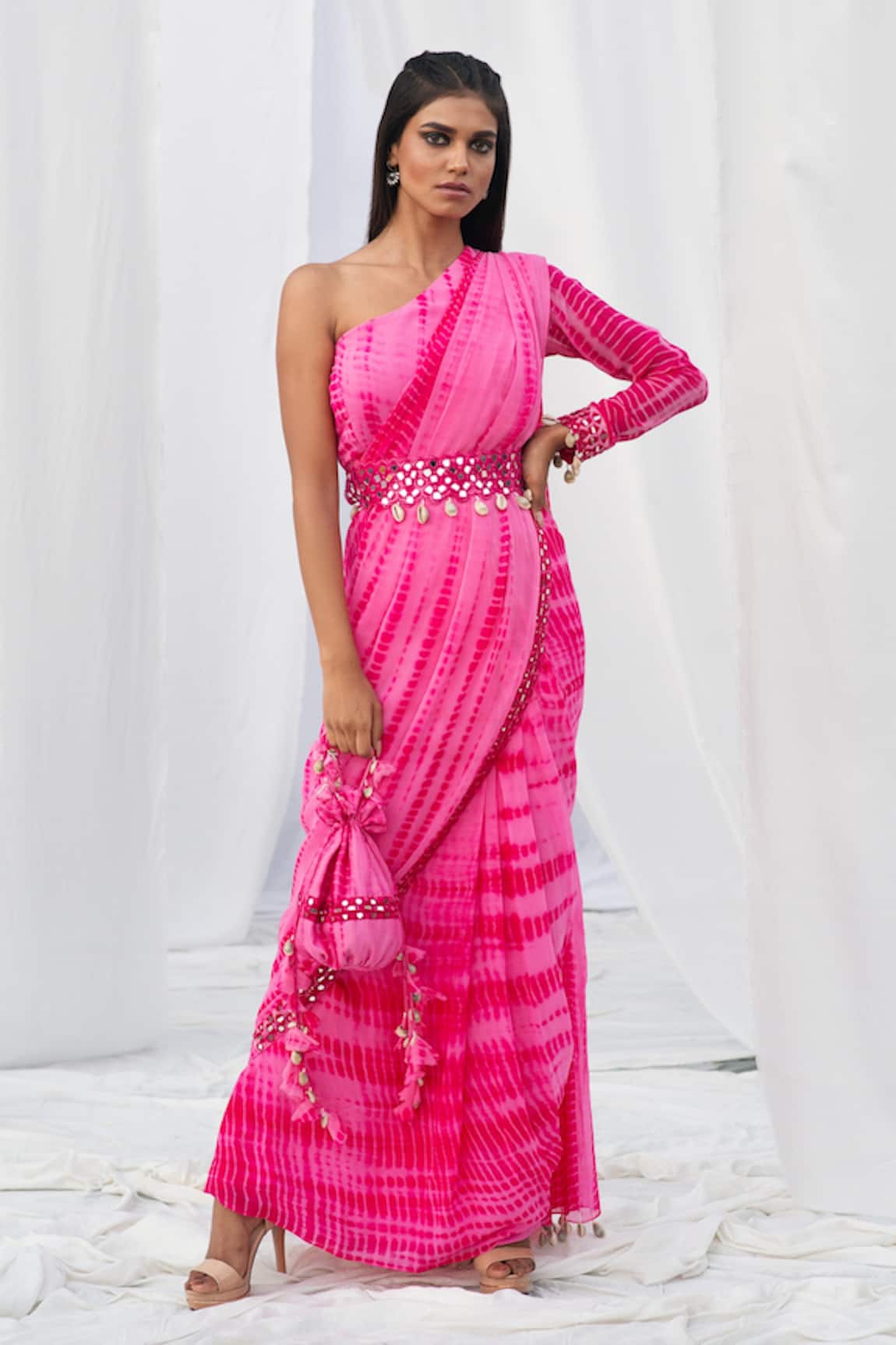 Bharat Adiani Tie Dye One Shoulder Saree Gown