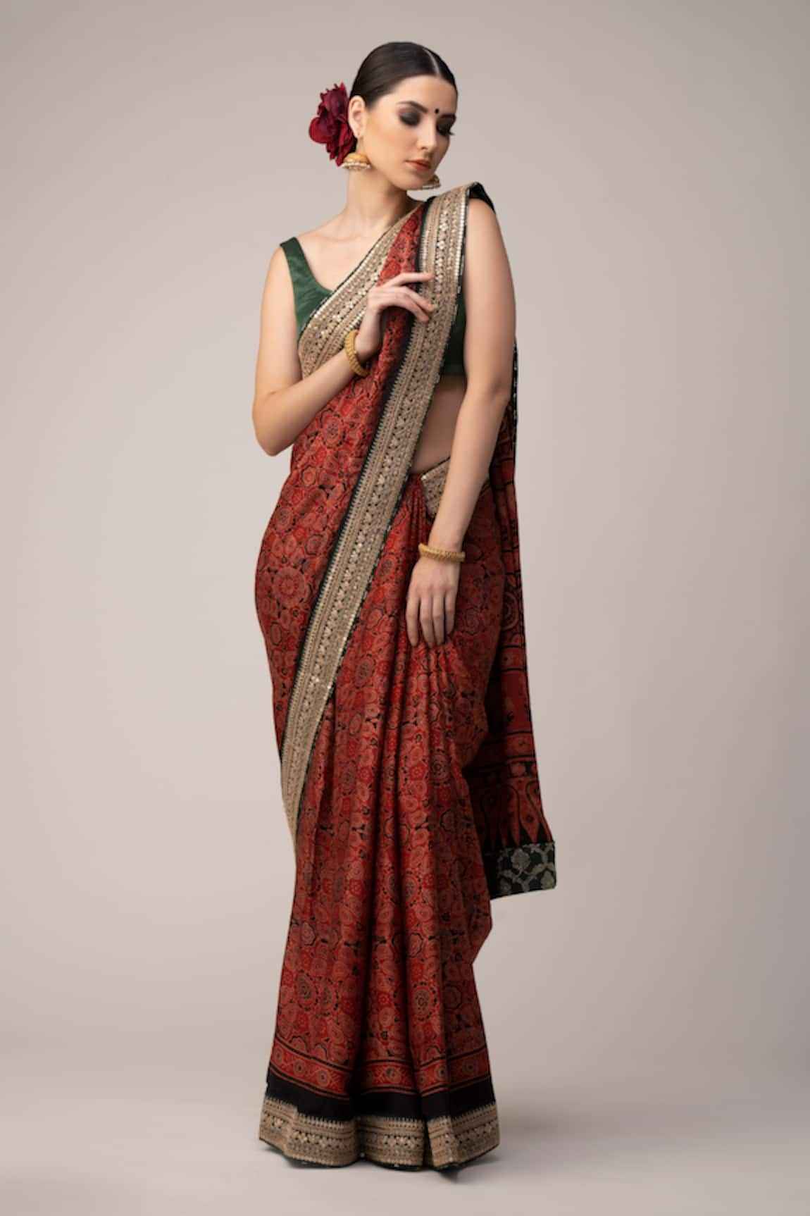 Joy Mitra Ajrakh Print Saree With Blouse