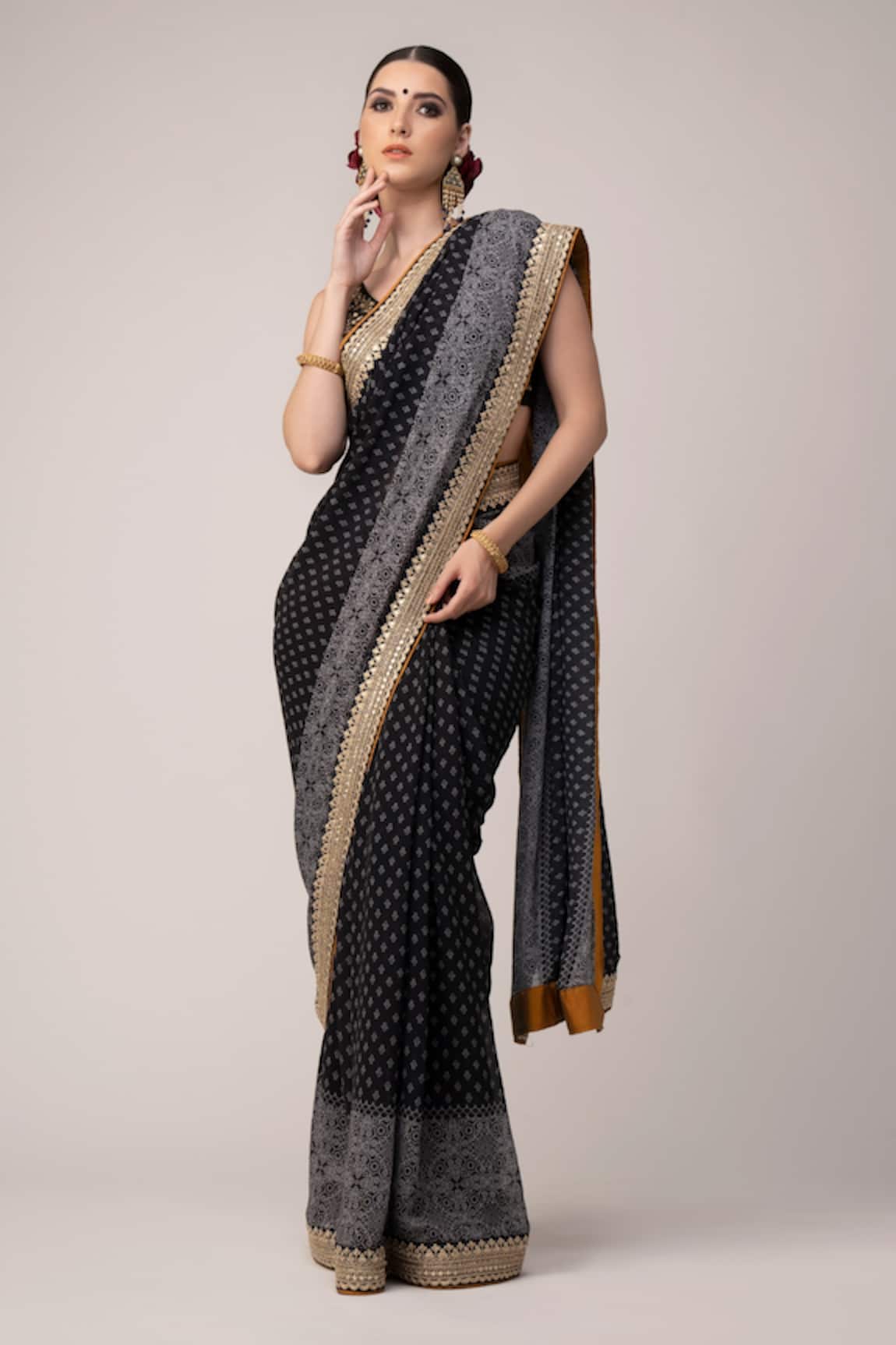 Joy Mitra  Ajrakh Print Saree With Sleeveless Blouse