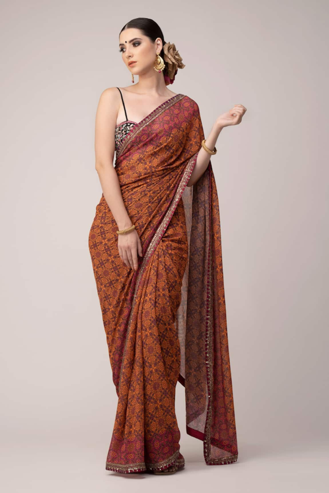 Joy Mitra Ajrakh Print Saree With Blouse