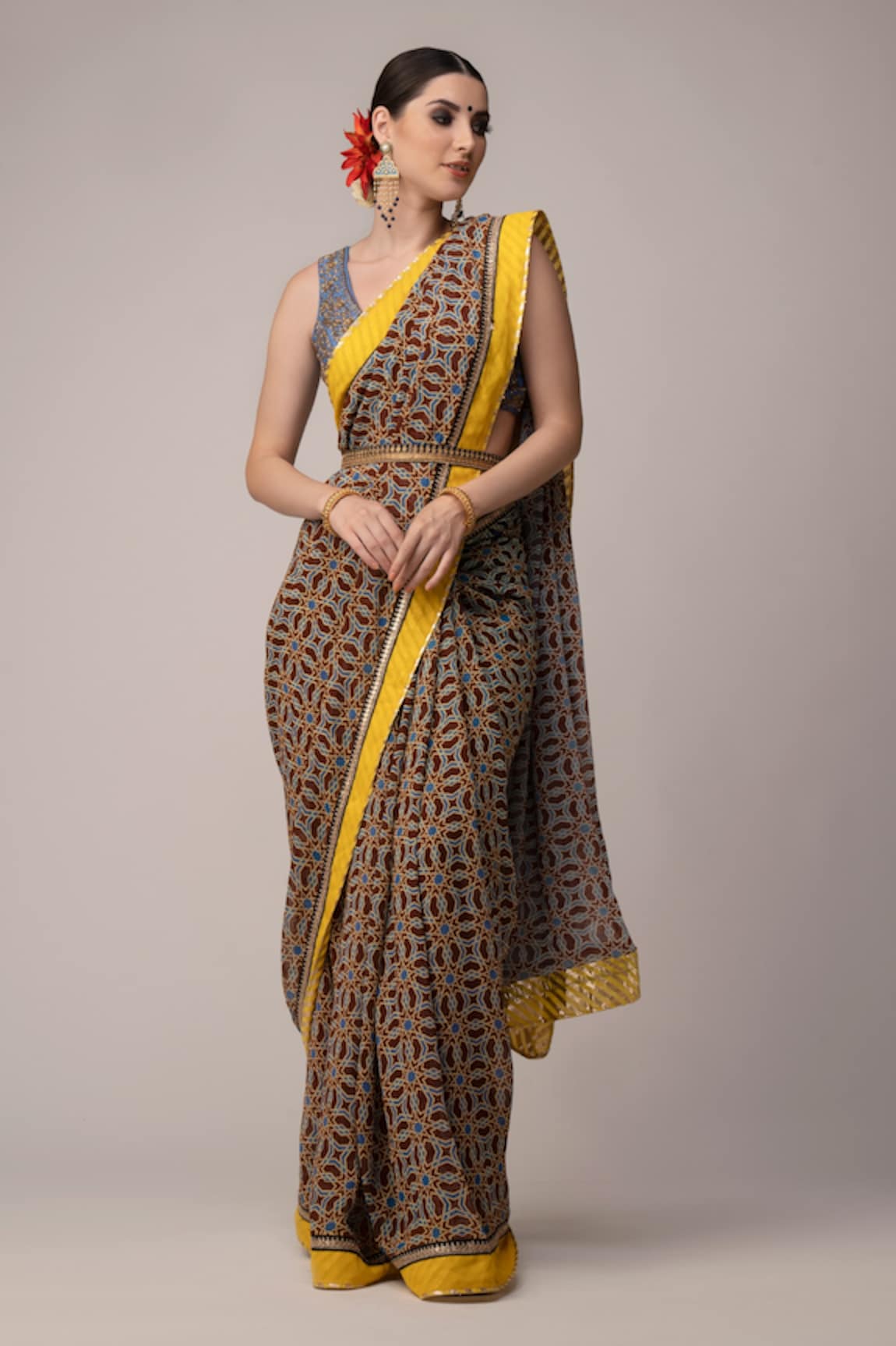 Joy Mitra  Ajrakh Print Saree With Embroidered Blouse