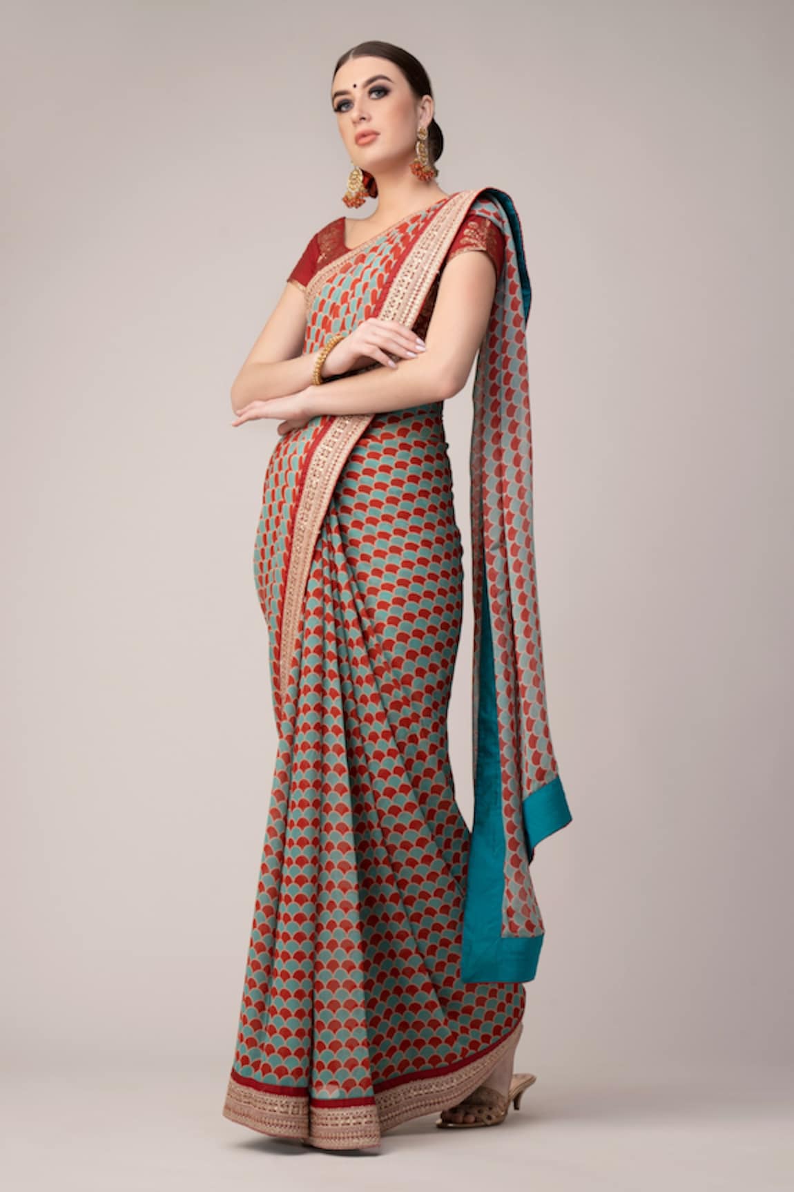 Joy Mitra  Ajrakh Print Saree With Short Sleeve Blouse