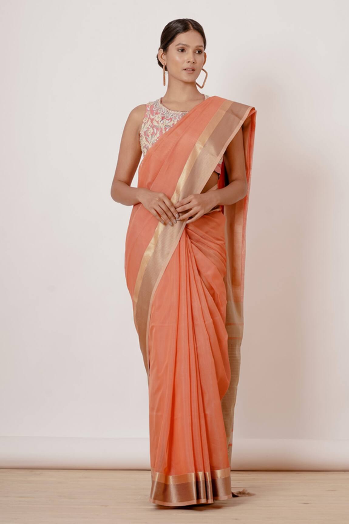Aharin India Maheshwari Silk Saree With Embroidered Blouse