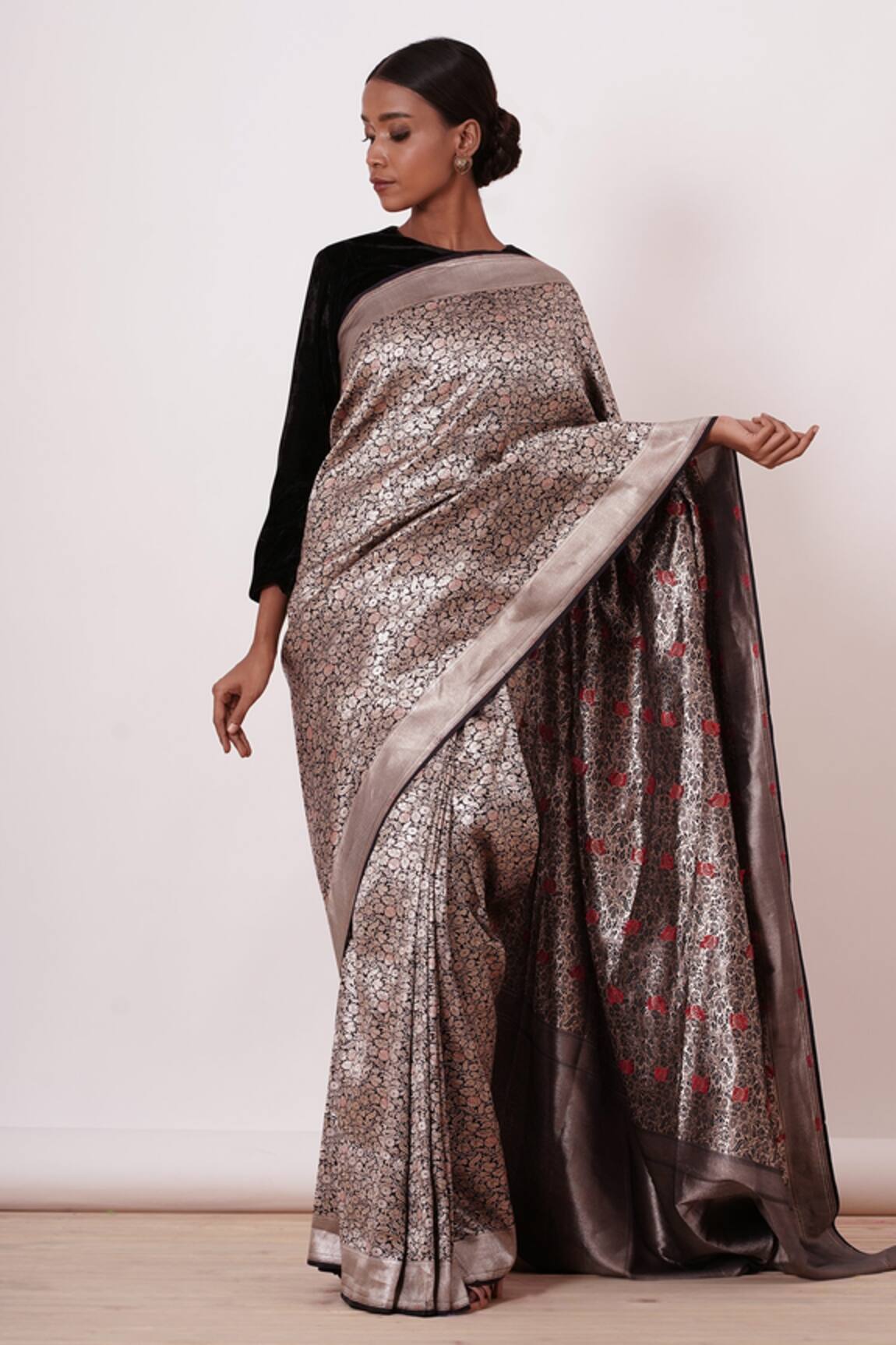 Aharin Banarasi Silk Saree With Velvet Blouse