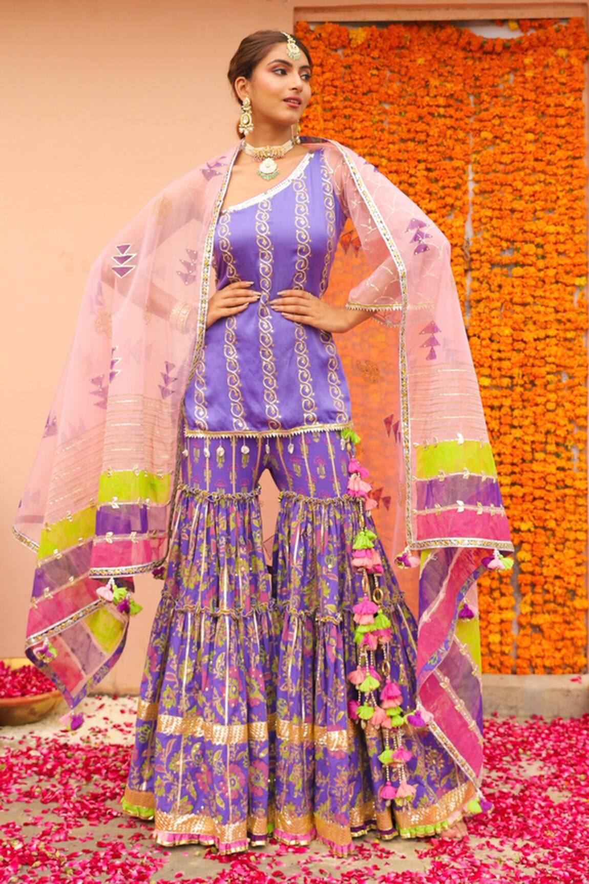Maayera Jaipur Printed One Shoulder Kurta Sharara Set