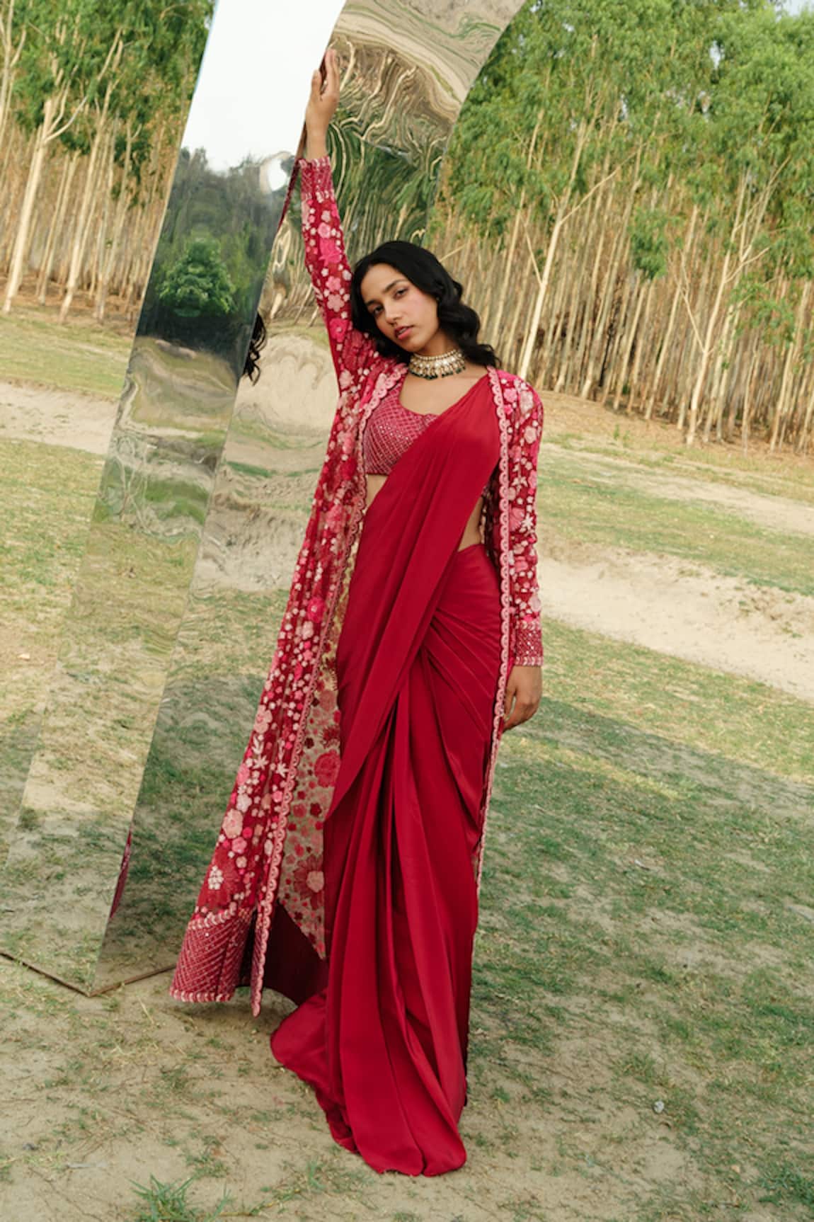 Mishru Aine Pre-Draped Saree and Long Jacket Set