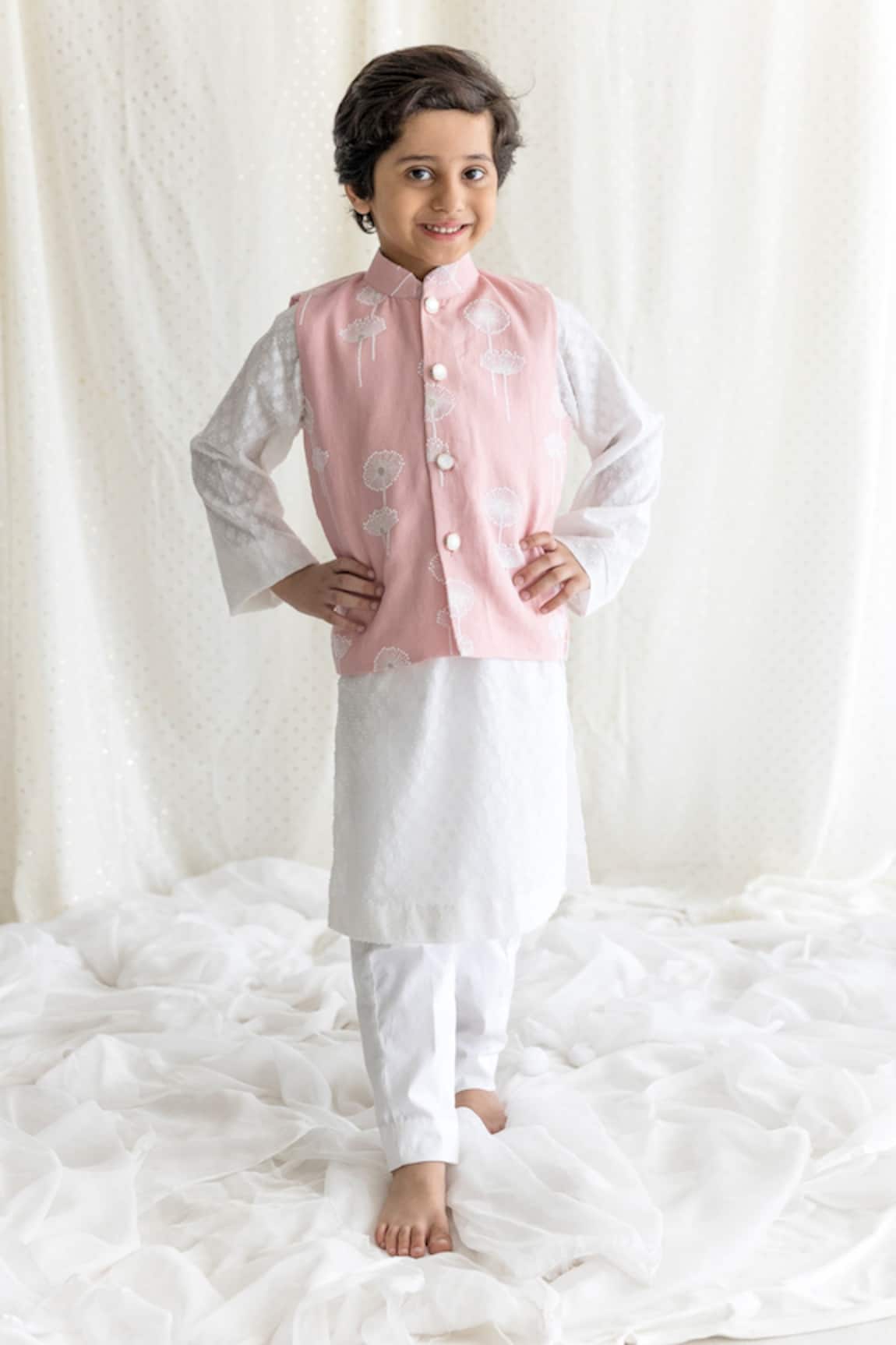 Chotibuti Pink Dandelion Embroidered Bundi Kurta Set