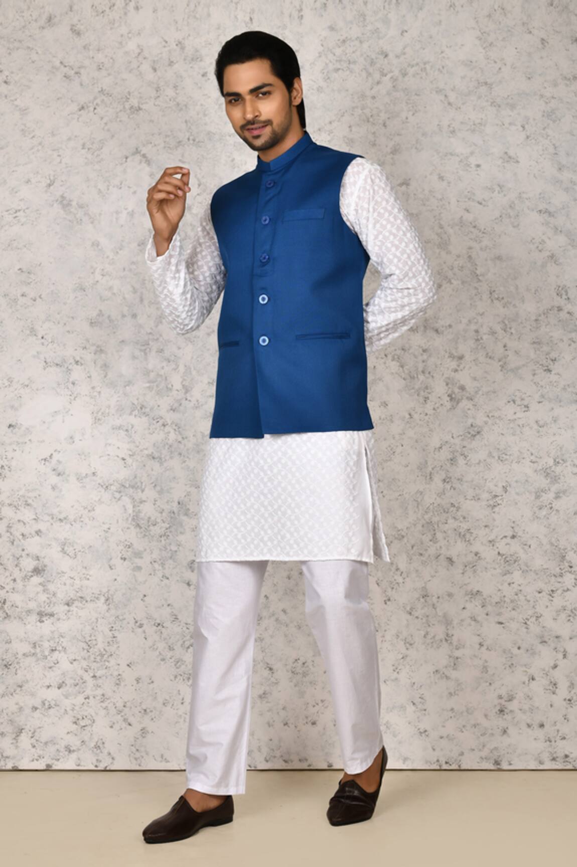 Arihant Rai Sinha Plain Blue Band Collar Bundi 