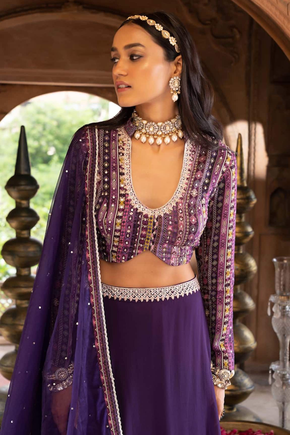 Buy Bindani by Jigar & Nikita Purple Net Floral Embroidered Lehenga Set  Online | Aza Fashions