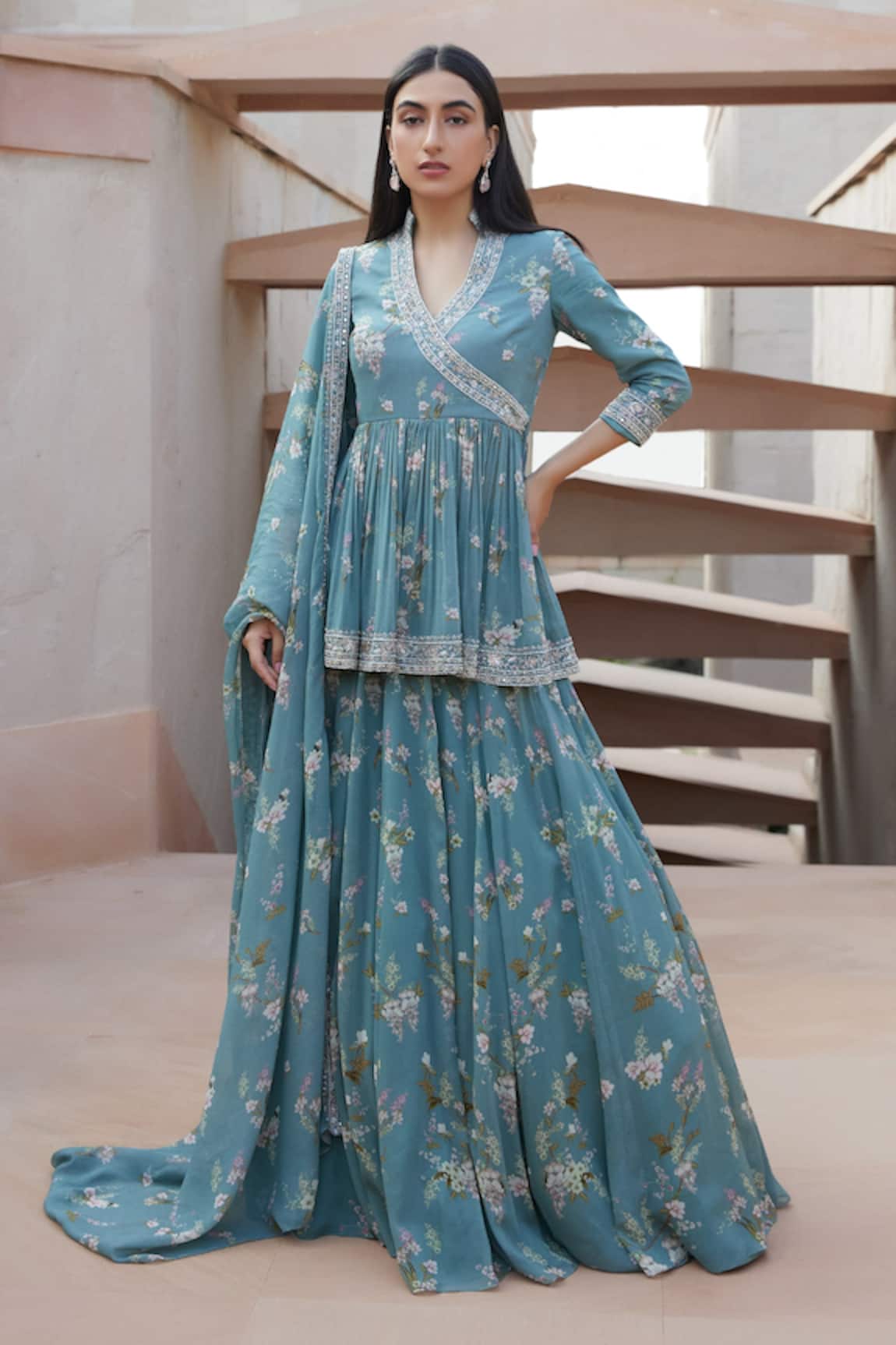 Sana Barreja Amira Printed Peplum Top & Lehenga Set