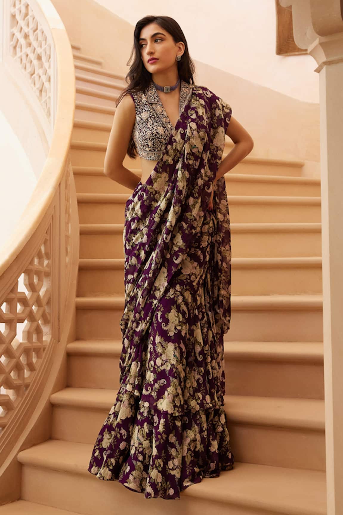 Sana Barreja Feroza Printed Pre-Draped Saree With Blouse