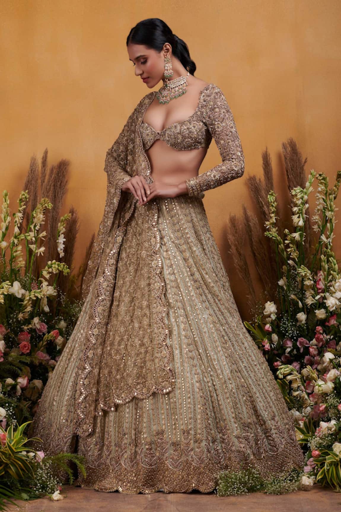 K&A By Karishma and Ashita Gerbera Embroidered Bridal Lehenga Set 