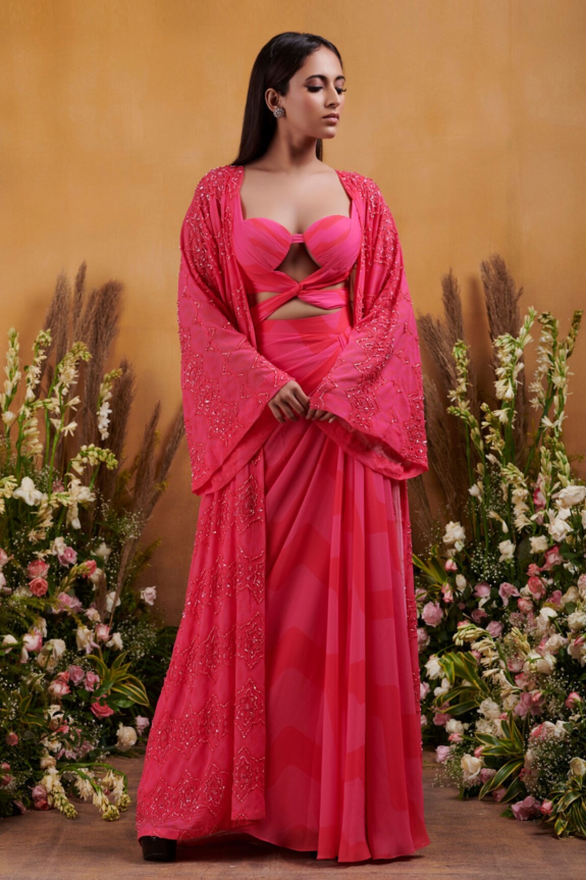 K&A By Karishma and Ashita Peony Draped Skirt With Kimono Jacket