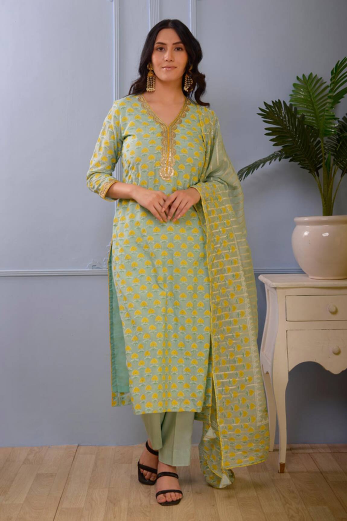Abbaran Cotton Silk Block Print Kurta Set 