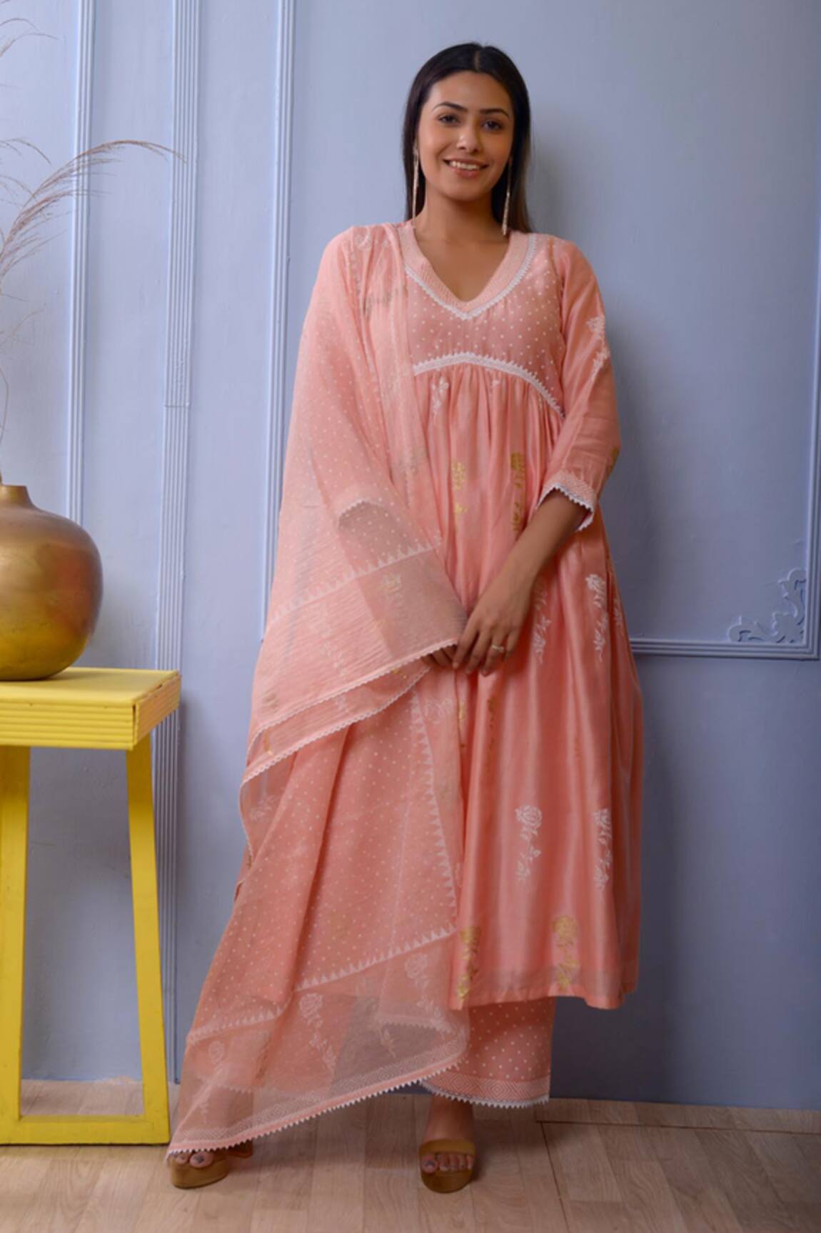 Abbaran Chanderi Gathered Kurta Palazzo Set 