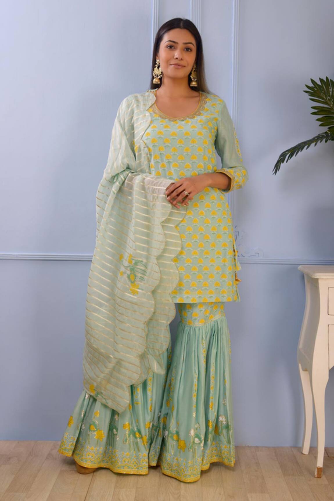 Abbaran Floral Print Kurta Gharara Set 