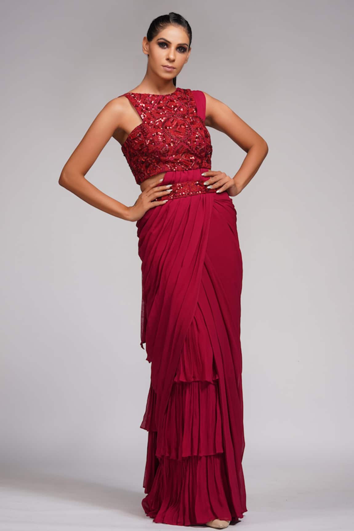 Shruti S Ruffle Pre-Draped Saree With Blouse 