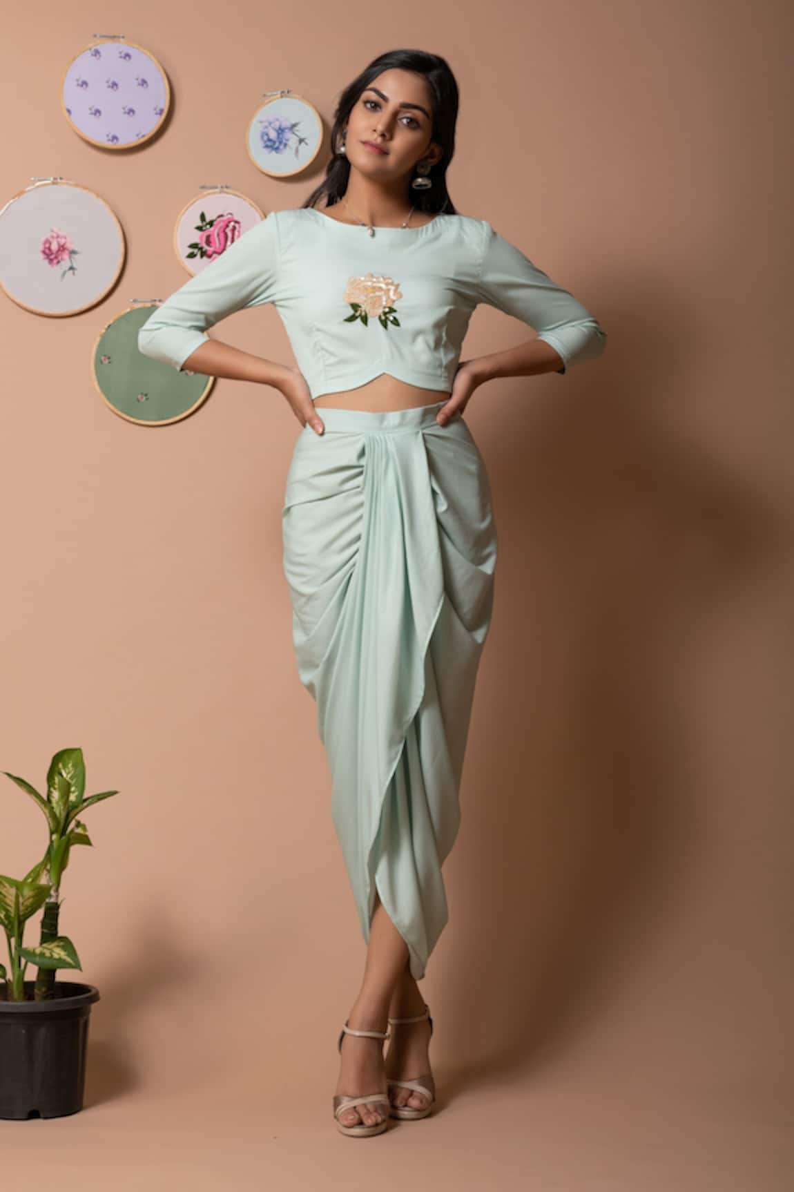 Pasha India Embroidered Crop Top & Draped Skirt Set