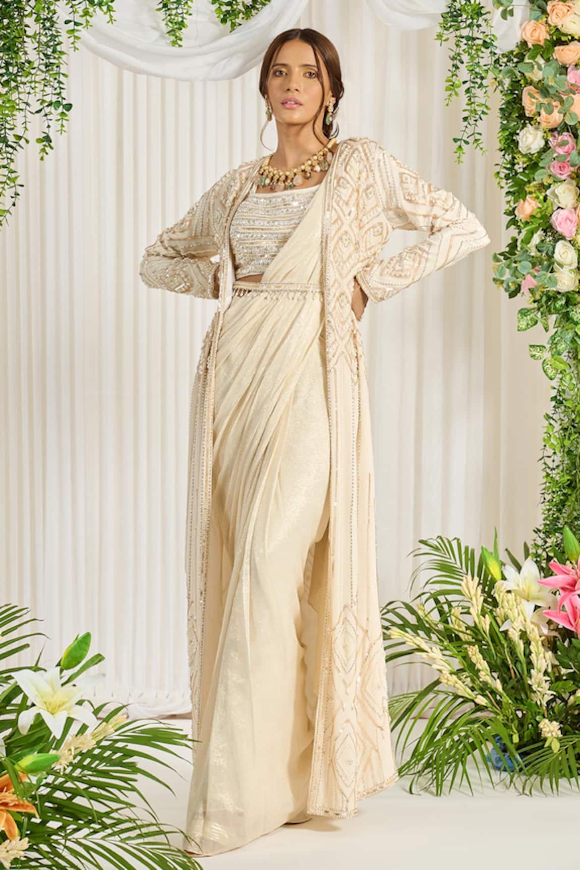 Nidhika Shekhar Subh Bela Embroidered Cape Saree Set