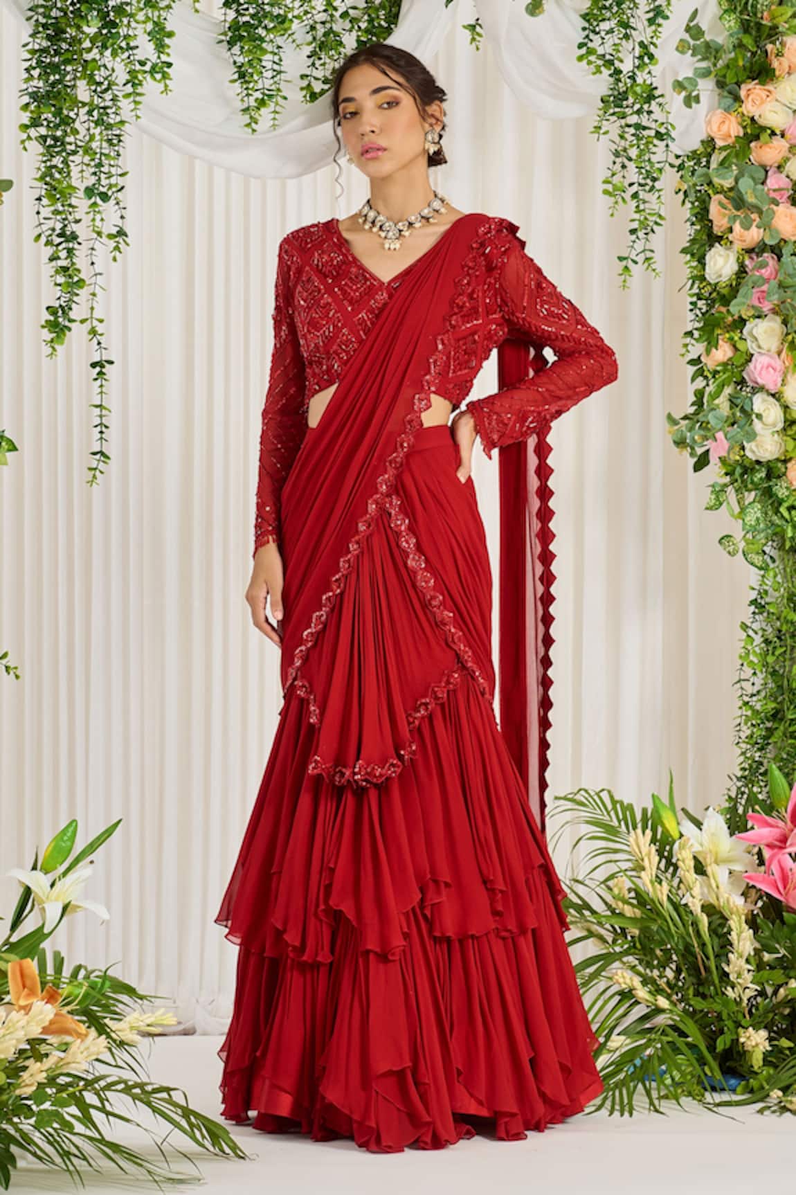Nidhika Shekhar Subh Shree Laal Ruffle Saree