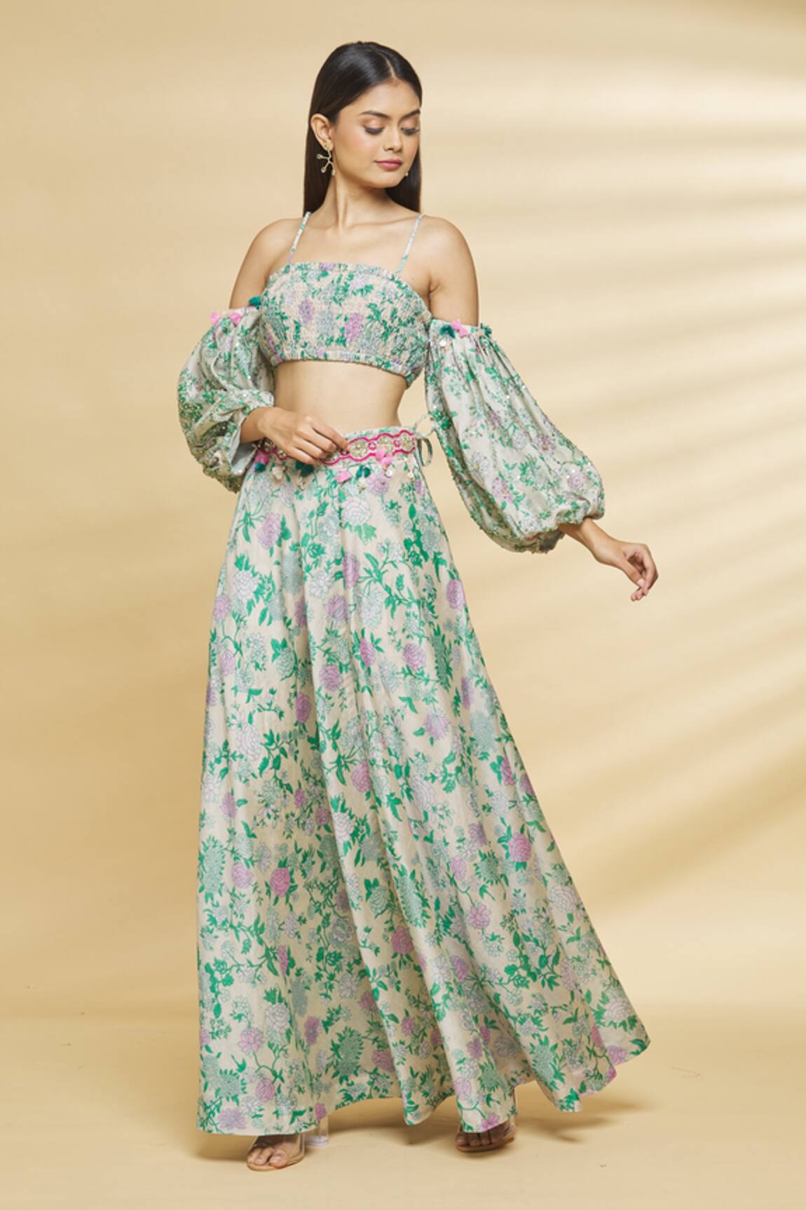 Aangan By Parul Floral Print Cold Shoulder Blouse & Lehenga Set 