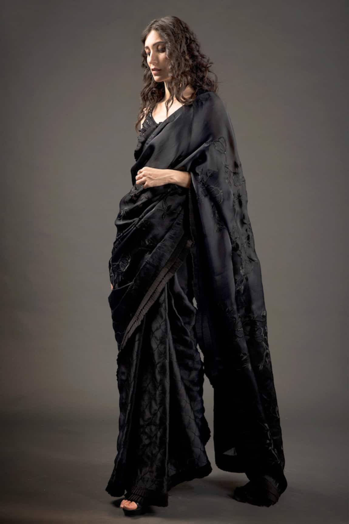 Rohit Bal Floral Embroidered Organza Saree With Unstitched Blouse Piece 