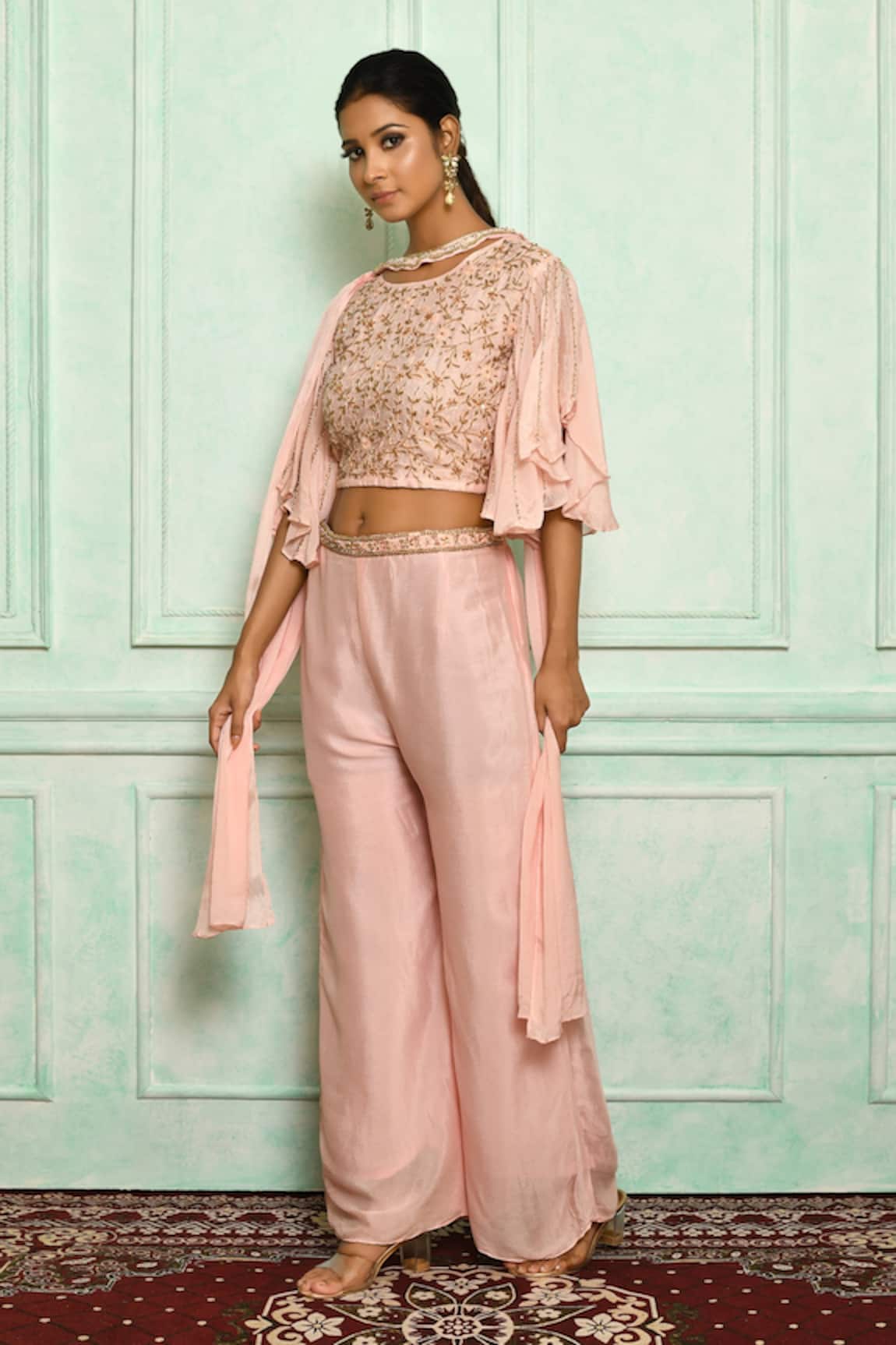 Silk White and Pink Smocky Cotton Crop Top & Flared Palazzo Set