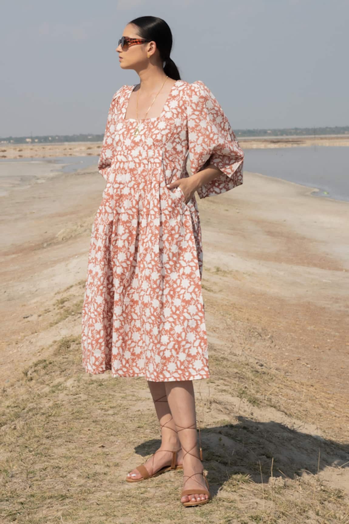 Marche Floral Print Flared Sleeve Dress