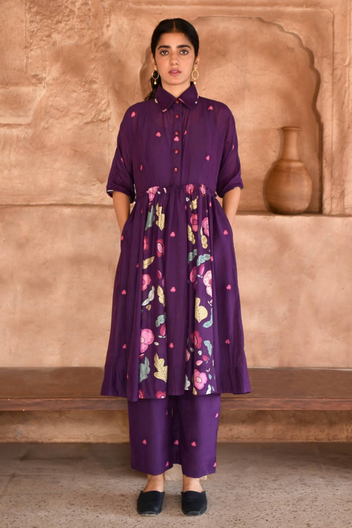 Taro Mulberry Chanderi Silk Anarkali & Pant Set 