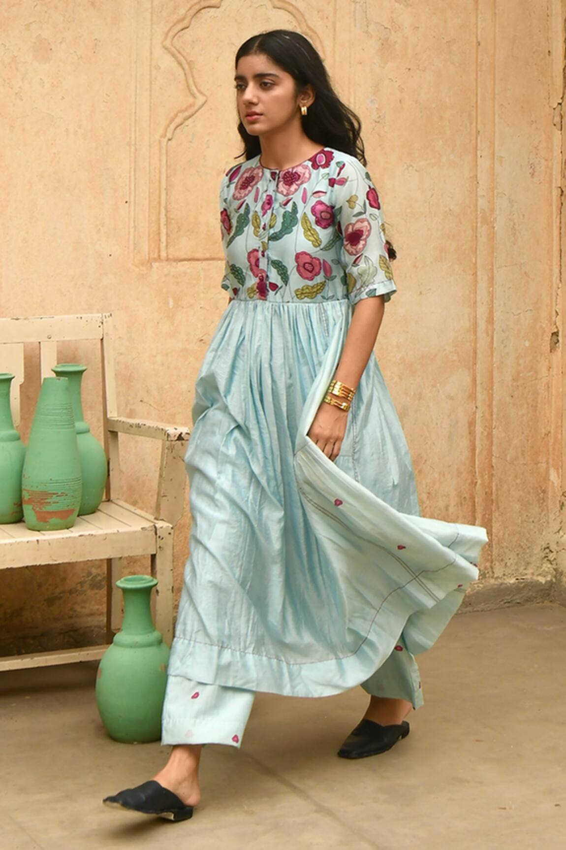 Taro Daisy Pleated Anarkali & Pant Set 