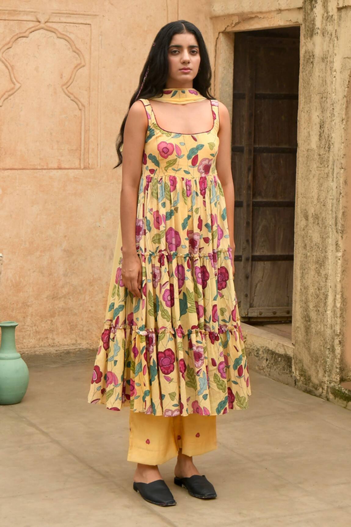 Taro Grapefruit Tiered Anarkali Set 