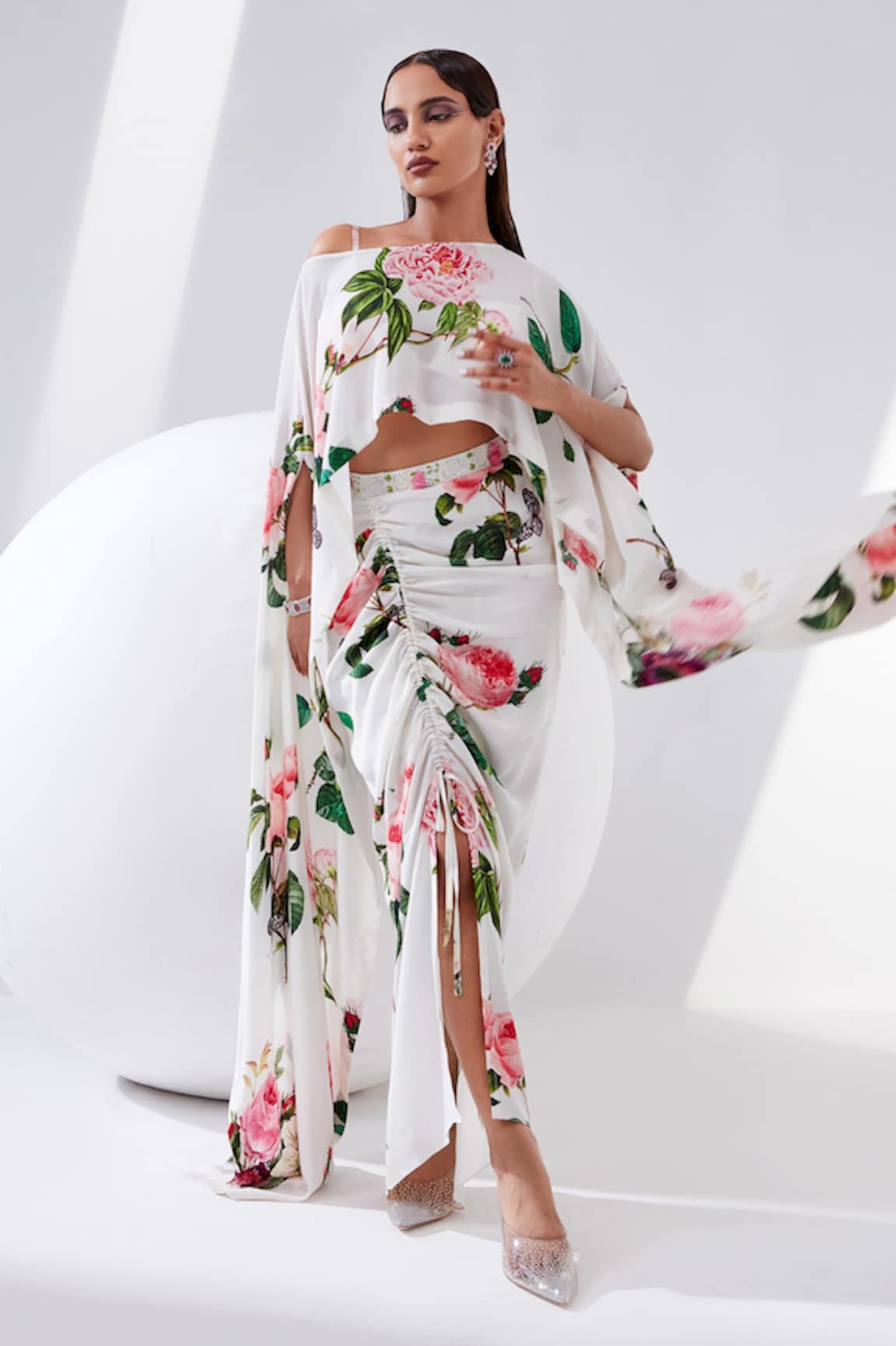 Tisha Saksena Orchid Printed Kaftan & Draped Skirt Set